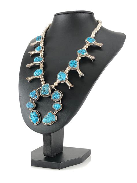 Lot - Vintage Silver Turquoise Squash Blossom Necklace