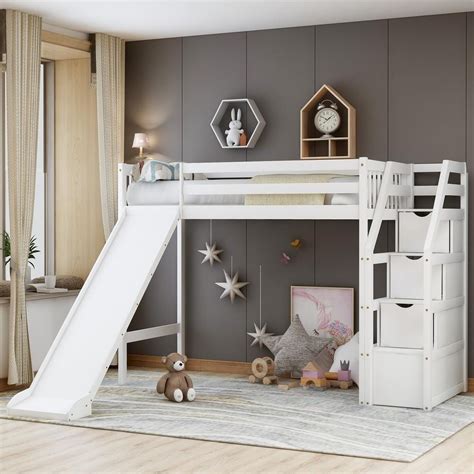 GODEER White Twin Loft Bed with Storage and Slide SM000108AAK - The Home Depot