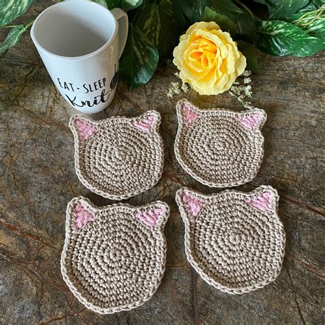 Crocheted Cat Coasters Set of 4 Coasters Cat Face Coasters - Etsy ...