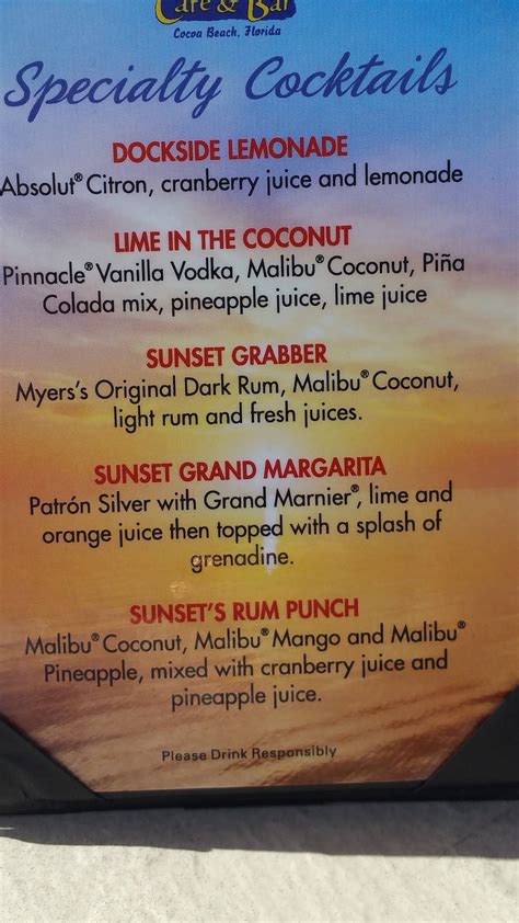 Menu at Sunset Cafe' Waterfront Bar & Grill, Cocoa Beach