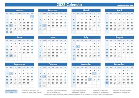 2022 calendar with holidays (US Federal Holidays)