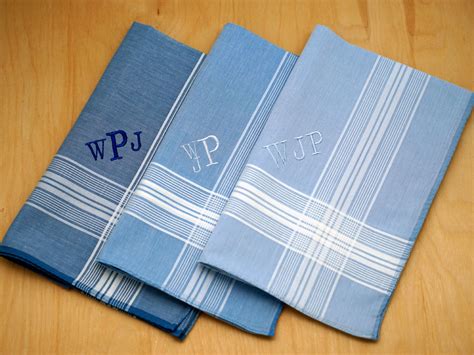 Set of 3 Personalized Blue Striped Mens Handkerchiefs Font R