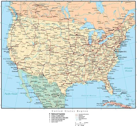 United States Map with US States, Capitals, Major Cities, & Roads