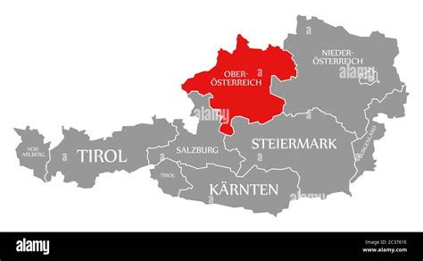 Upper Austria red highlighted in map of Austria Stock Photo - Alamy