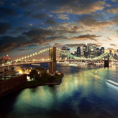 New York brooklyn bridge night lights city river iPad Pro Wallpapers Free Download