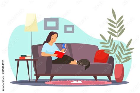 Girl relaxing at home reading book alone. Happy peaceful woman cartoon character sitting in cozy ...