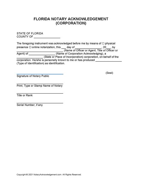 Free Florida Short Form Notary Acknowledgement - Corporation - PDF - Word