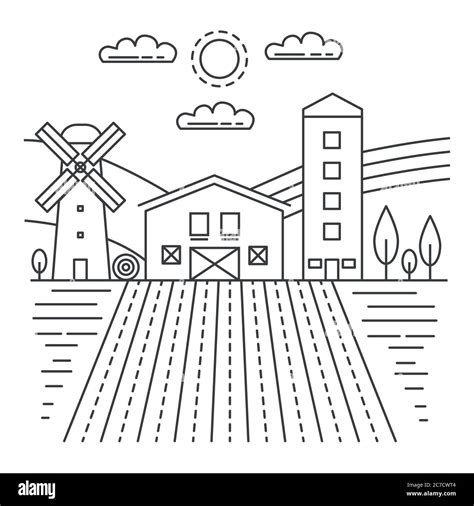 Farmhouse banner - farm landscape with outline elements of eco and ...