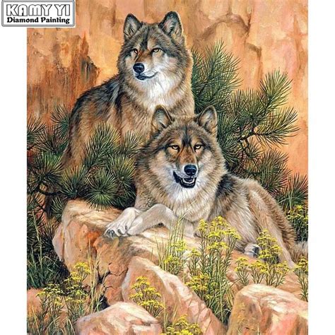 5D DIY Diamond Painting Wolves Couple Embroidery 100% Full Round Diamond Cross Stitch Rhinestone ...