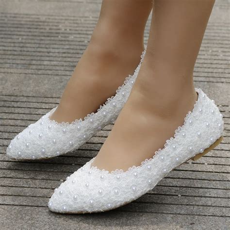 2017 flat heel pearl lace flats pearls flower bridal shoes shallow mouth pointed toe wedding ...