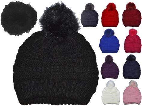 Winter Beanie W/Raccoon Fur Pom-Pom - Extra Warm Knit Thick Soft Ladies ...