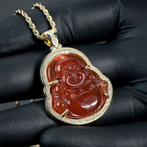 Iced 14K Gold Red Agate Buddha Pendant Necklace