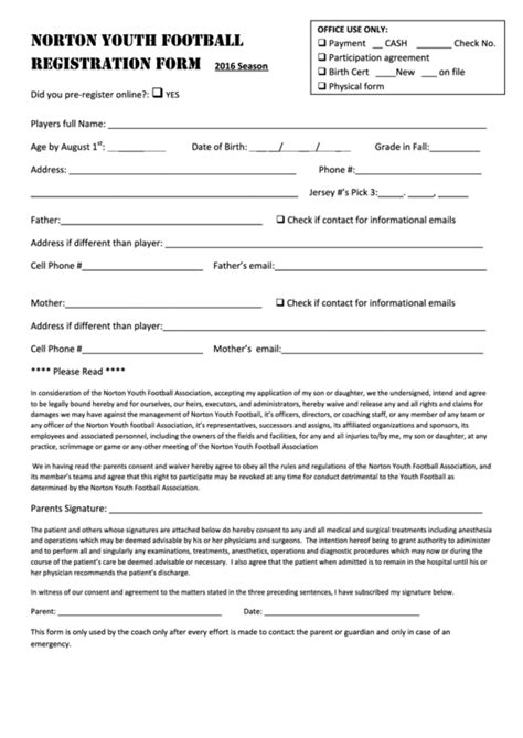 Norton Youth Football Registration Form printable pdf download