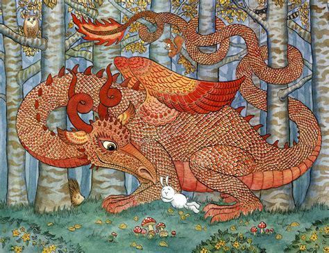 Red Dragon Rabbit Forest Woodland Art Print 8x10