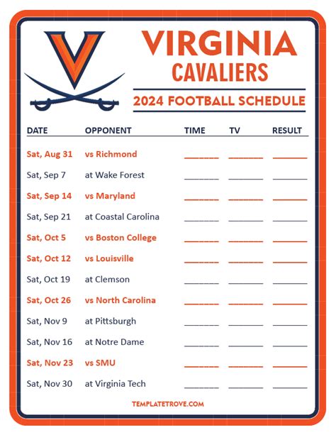 Printable 2024 Virginia Cavaliers Football Schedule