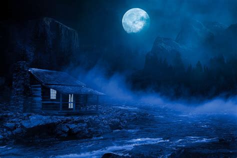 Download Full Moon Night Man Made Cabin HD Wallpaper