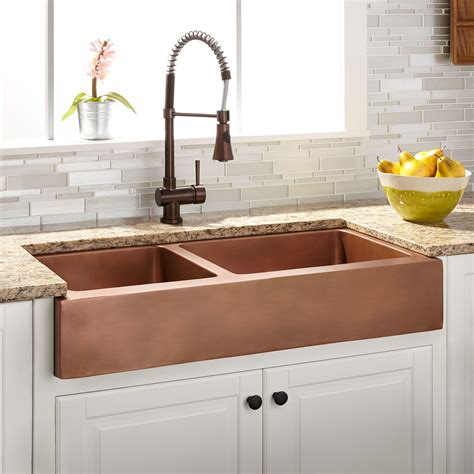 33" Raina 60/40 Double-Bowl Copper Retrofit Farmhouse Sink - Kitchen