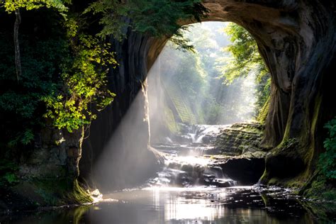 the light shines through an opening in a tunnel that leads to a river surrounded by trees