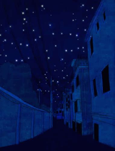 the night sky is lit up with stars above an alleyway in a city at night