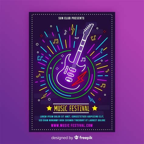 Neon music poster template with electric guitar | Free Vector