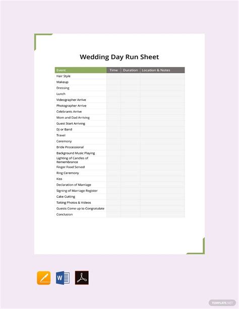 Wedding Day Run Sheet Template in Pages, Word, PDF, Google Docs ...