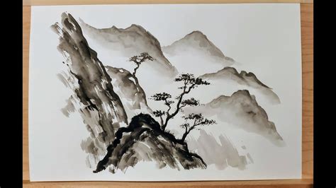 Japanese sumi-e landscape using black gouache - YouTube