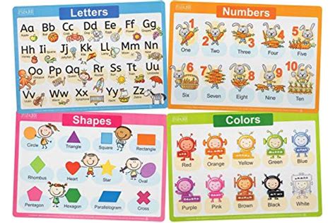 Jessie&Jade Educational Placemats for Kids - Set of 4: Alphabet, Numbers, Shapes, Colors ...