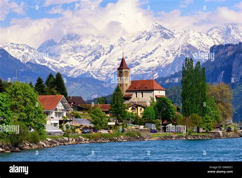 Brienz town on Lake Brienz by Interlaken, Switzerland, with snow Stock ...