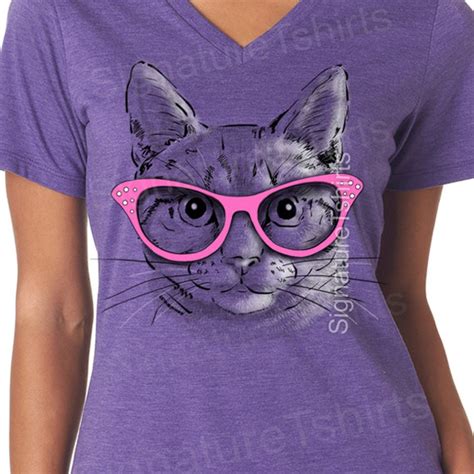 Cat T-shirt, Graphic Tee Shirt, Funny Cat Shirt, Birthday Gift, Purple, Kitten Tshirt, Womens V ...