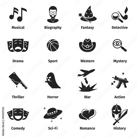 Movie genres vector icons. Movie film genres, comedy genre, war and romance genres, history ...