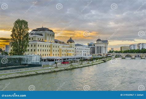 Dramatic Colorful Sunrise View of Downtown of Skopje, Macedonia Stock Image - Image of museum ...