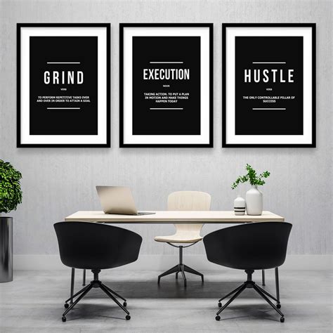 3x Framed Office Posters Motivational Wall Art, Entrepreneur Prints Decor Hustle Grind Execution ...