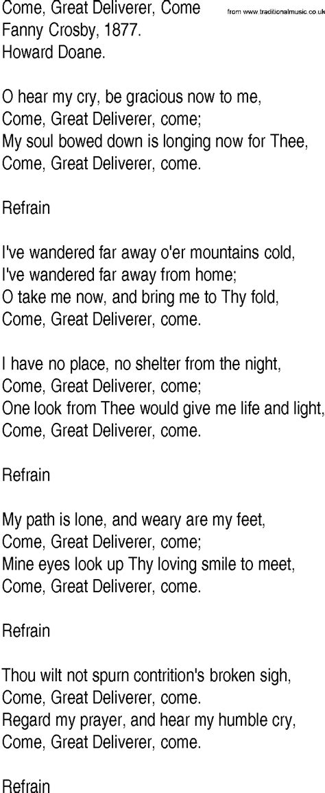 Hymn and Gospel Song Lyrics for Come, Great Deliverer, Come by Fanny Crosby