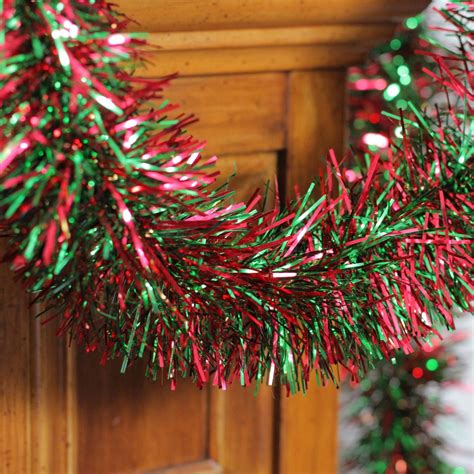 50' Shiny Forest Green and Red Christmas Tinsel Garland - Unlit ...