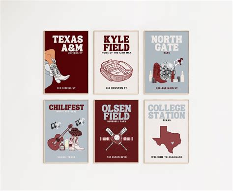 Maroon and White Texas A&M Set of 6 Prints College Station Texas TAMU ...