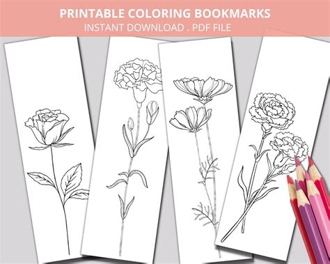 Printable Flower Coloring Bookmarks, Floral Bookmark Set of 4, Kids and Adult Coloring Page ...