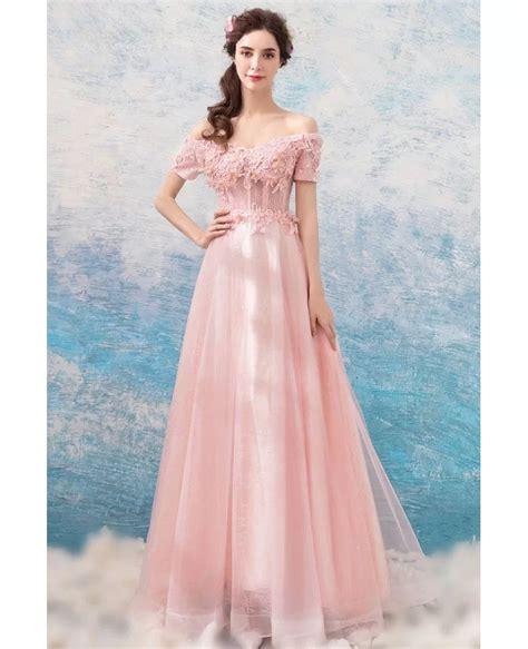 Pearl Pink Long Tulle Lace Formal Prom Dress With Off Shoulder Sleeves ...