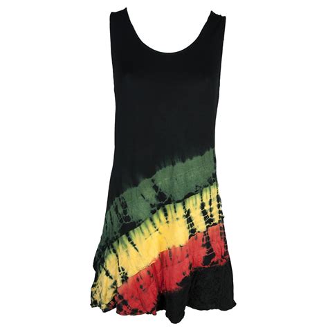 This rasta and reggae short sleeveless dress features rasta colored tie dye diagonal frills. the ...