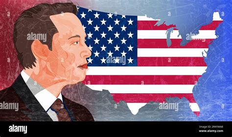 Portrait of Elon Musk on the background of a USA map with a flag Stock ...