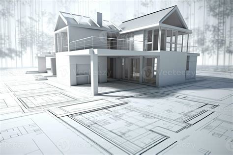 Building project plan. Blueprint of a modern house with 3d model ...