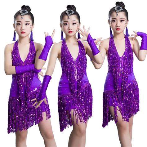 Girls Sequin Fringe Professional Latin Salsa Cha Cha Ballroom Dance Competition Dress Costumes ...