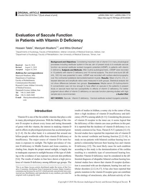 (PDF) Evaluation of Saccule Function in Patients with Vitamin D Deficiency