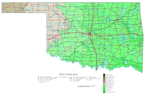 Large detailed elevation map of Oklahoma state with roads, highways and cities | Vidiani.com ...