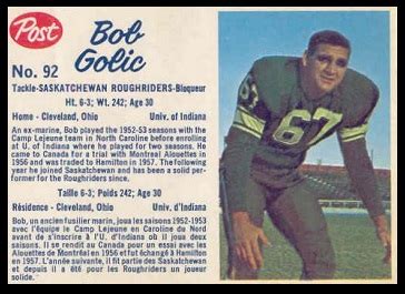 1962 Post CFL Football Card #92: Bob Golic