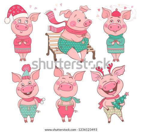 Set 6 Cute Pigs Emotions Joy Stock Vector (Royalty Free) 1236123493