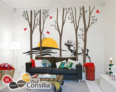 Large forest trees and elk in sunset - Wall mural - Wallconsilia ...