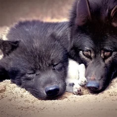 big black wolf with little black wolf puppy, sleeping, | Stable ...