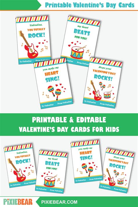 Music Valentine's Day Cards for Kids Printable Guitar Valentine Cards ...