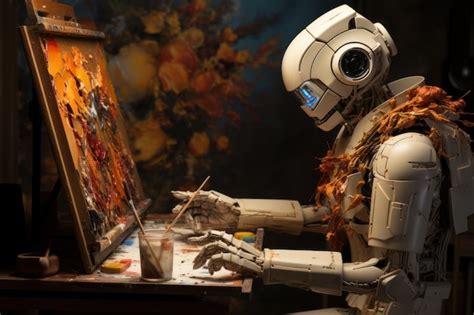 Premium Photo | AI robot standing painting at easel holding palette ...