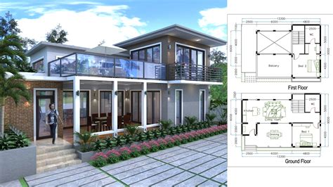 Sketchup Drawing Villa Design Size 13.3mx9m 2bedroom - Samphoas House Plan